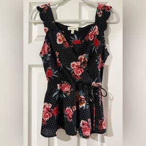 Monteau Black Floral Wrap Shirt with Red and Pink Roses